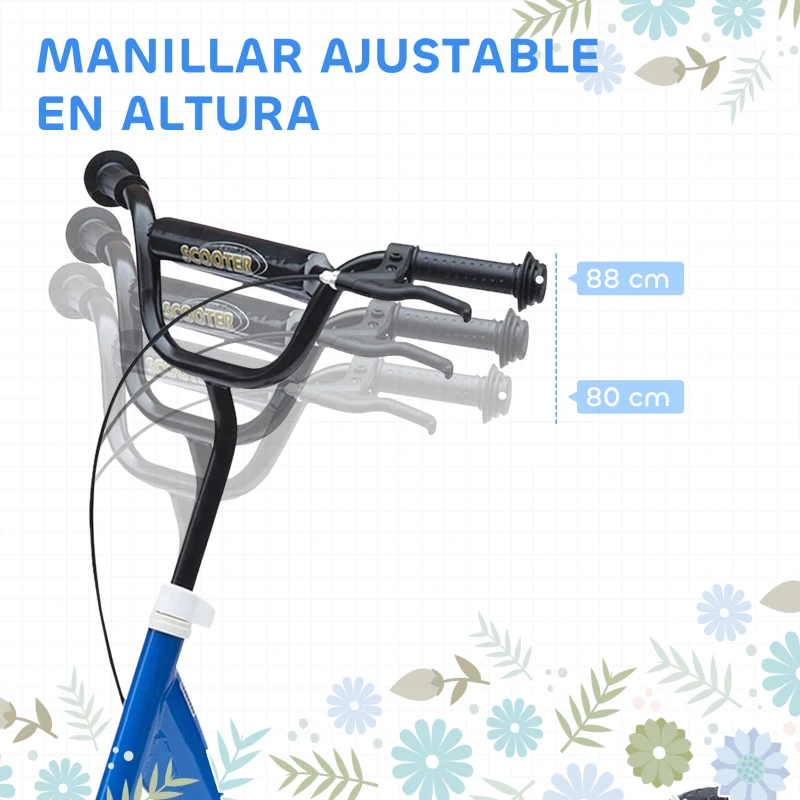 HOMCOM Patinete para Niños de 5-12 Años Scooter de 2 Ruedas Grandes de 12 Pulgadas con Freno y Manillar Ajustable en Altura Carga Máx. 50 kg 120x52x80-88 cm Azul