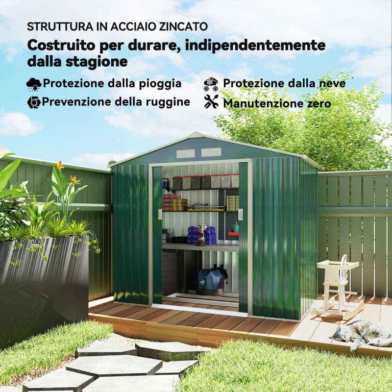 Outsunny Casetta da Giardino Porta Utensili in Lamiera con Porte Scorrevoli, 213x130x185cm, Verde