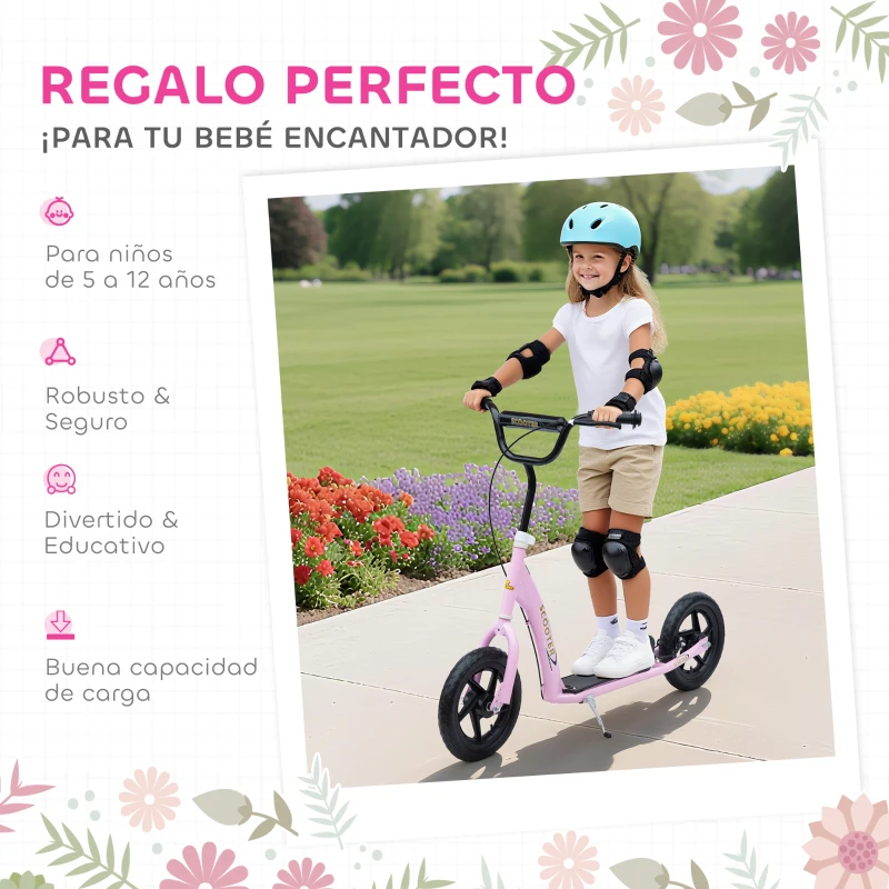 HOMCOM Patinete para Niños de 5-12 Años Scooter de 2 Ruedas Grandes de 12 Pulgadas con Freno y Manillar Ajustable en Altura Carga Máx. 50 kg 120x52x80-88 cm Rosa