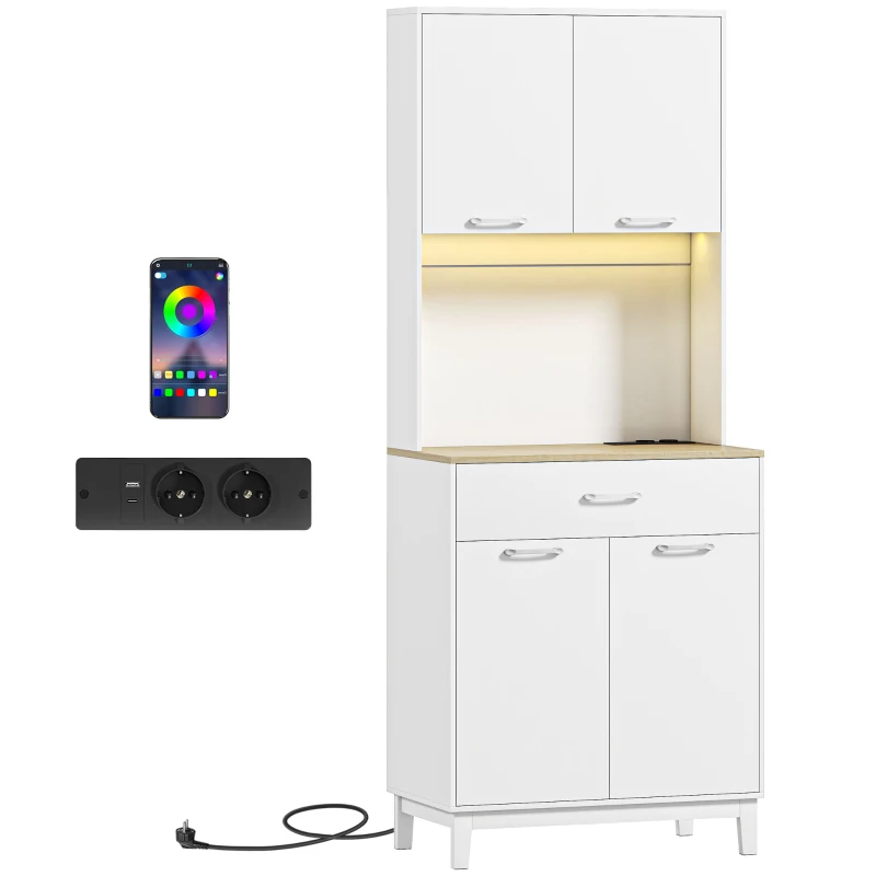 HOMCOM Alacena de Cocina con Luces LED Estación de Carga 4 Puertas Cajón Encimera Abierta 71x40x180 cm Blanco
