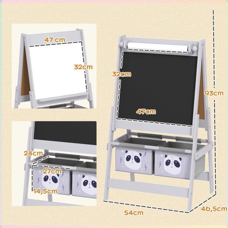 AIYAPLAY Kinder-Staffelei doppelseitig Kreidetafel Whiteboard mit Papierrolle 2 Körbe 54 x 46,5 x 93 cm grau