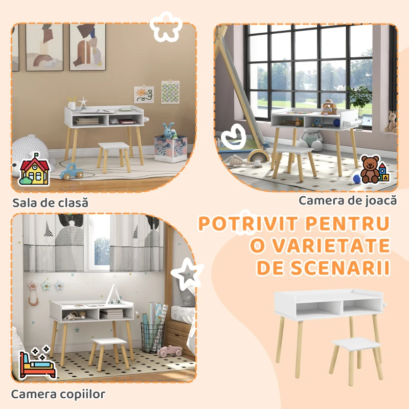 HOMCOM Set de Masă și Scaun pentru Copii, Masă de Activități pentru Copii Mici 3 în 1 cu Tablă de Construcție, 87x45x59.5 cm, Alb(m-7)