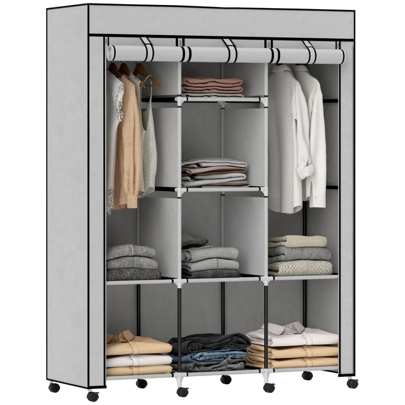 HOMCOM Kast van stof, opbergoplossing, 8 planken, 2 hangstangen, grijs