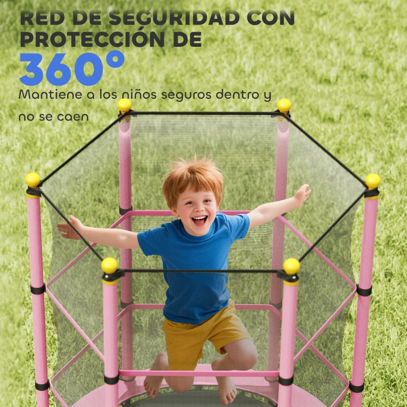 HOMCOM Trampolín para Niños de +3 Años Ø140 cm con Red de Seguridad y Marco de Acero para Interior y Exterior Rosa y Negro