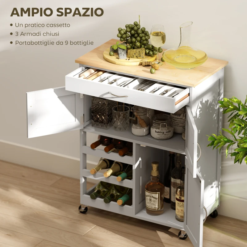 HOMCOM Carrello Cucina con Portabottiglie, 3 Ante, 4 Ruote e Cassetto, Mobiletto Cucina Salvaspazio per Microonde e Spezie in Legno, 67x37x87 cm, Bianco e Rovere