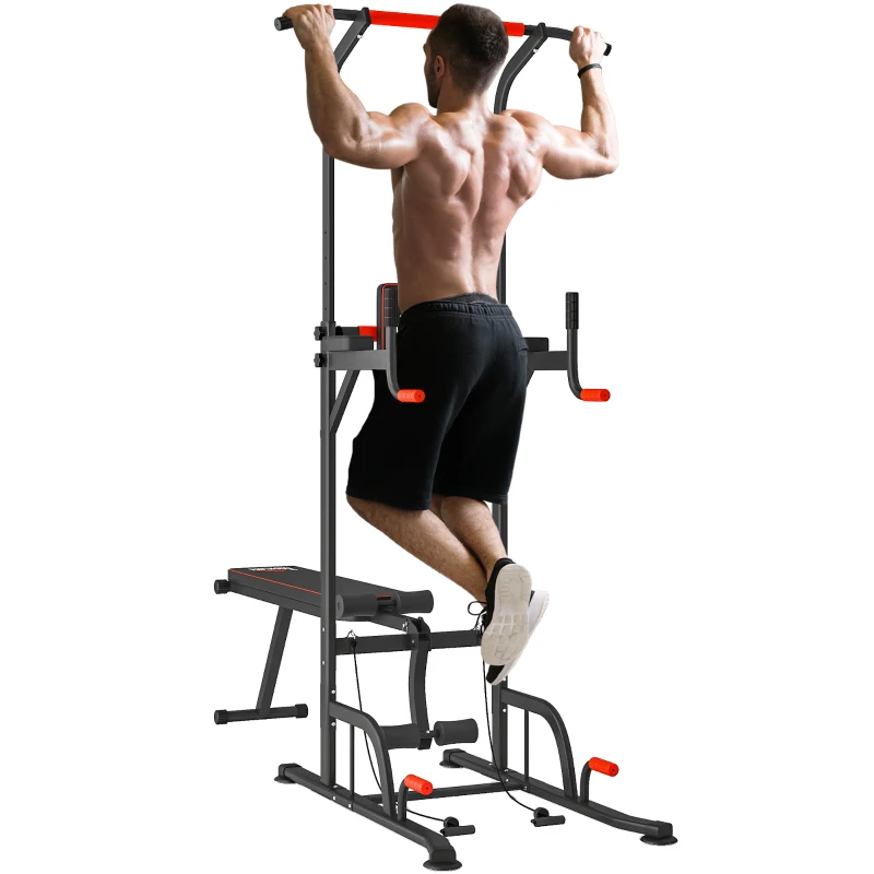 HOMCOM Estación de Musculación Multifuncional Torre de Entrenamiento Ajustable en Altura con Banco Plegable Barra de Dominadas para Fitness 220x98x181-229 cm Negro