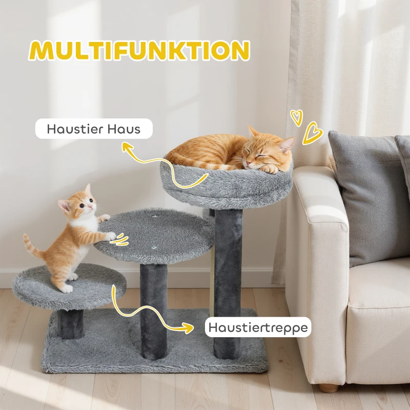 PawHut krabpaal en kattentrap, brede basis, pluche stof, sisal-krabpaal, grijs(m-4)