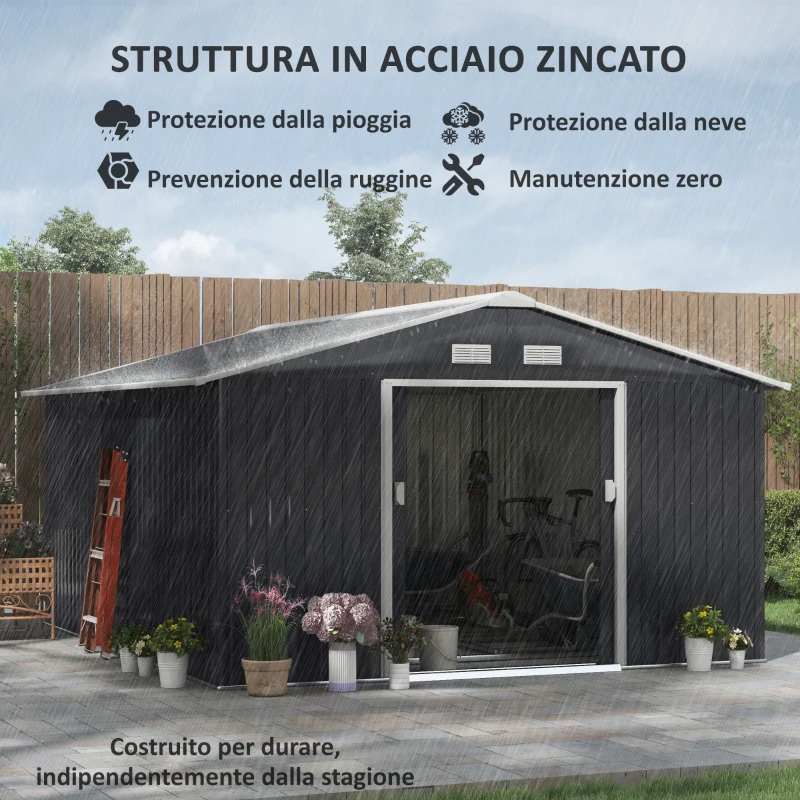 Outsunny Casetta da Giardino 12.4m² con Fondazione, 4 Prese d'Aria e 2 Porte Scorrevoli, Capanno Porta Attrezzi in Lamiera d'Acciaio, 340x386x200 cm, Giallo