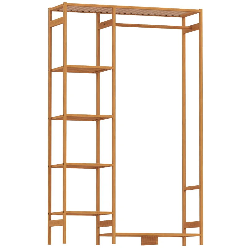 HOMCOM Bamboo Clothes Rack for Bedroom Garment Rack with 6-Tier Storage Shelf Hanging Rod Clothes Rail for Living Room Entryway
