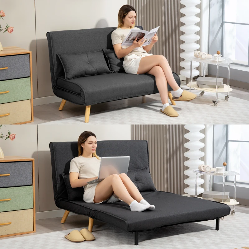 HOMCOM Two-Seater Linen-Look Sofa Bed - Charcoal Grey