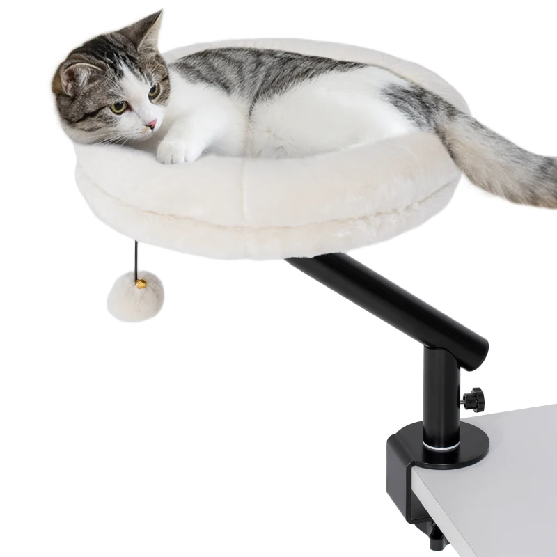 PawHut katten-bureaubed, kattenbed voor op het bureau met 360° draaibaar ontwerp, verstelbare hoogte, ligbed met afneembaar machinewasbaar kussen, voor katten tot 6 kg, thuiskantoor, Crèmewit