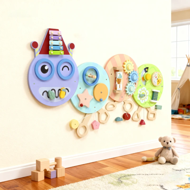 AIYAPLAY 7-in-1 Wall Toy, Xylophone, Gears, Caterpillar Design, MDF, 108 cm, Colorful