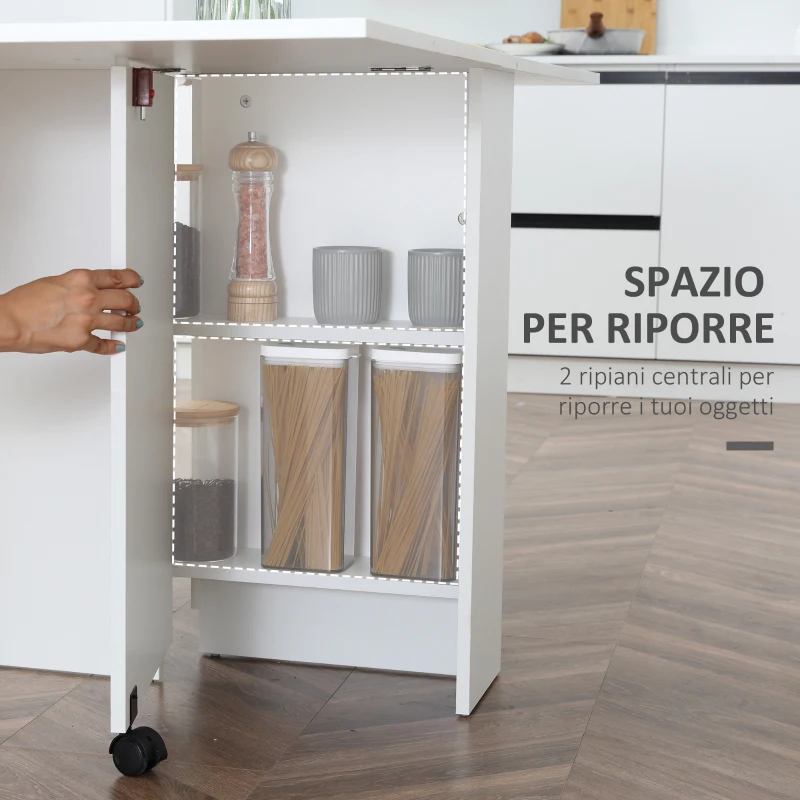 HOMCOM Tavolo Pieghevole Salvaspazio, 2 Ripiani Inferiori in Legno,  Tavolo Richiudibile Salvaspazio, con Ruote per 6 Persone, 75P x 140l x 74H cm, Bianco