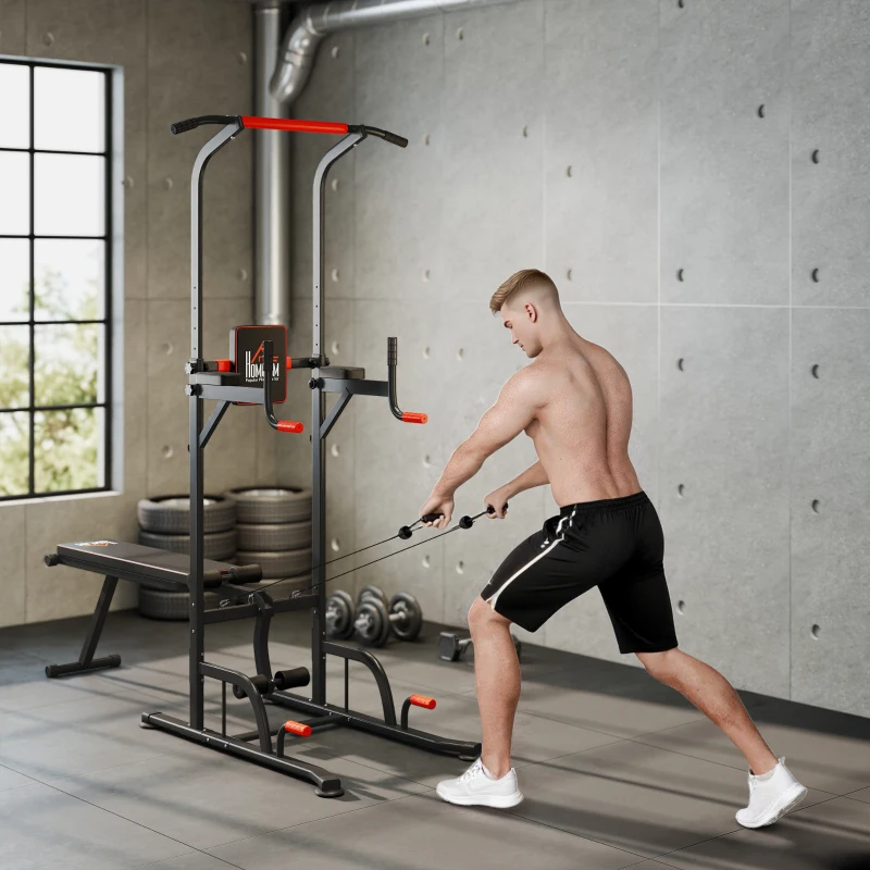 HOMCOM Estación de Musculación Multifuncional Torre de Entrenamiento Ajustable en Altura con Banco Plegable Barra de Dominadas para Fitness 220x98x181-229 cm Negro