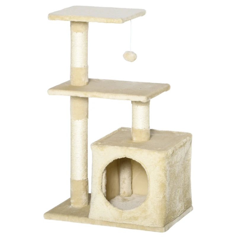 PawHut Arbre à chat tour de jeux pour chats poteaux en sisal, 2 plate-forme, niche, balle, tissu peluche, 50x30x81,5cm, beige