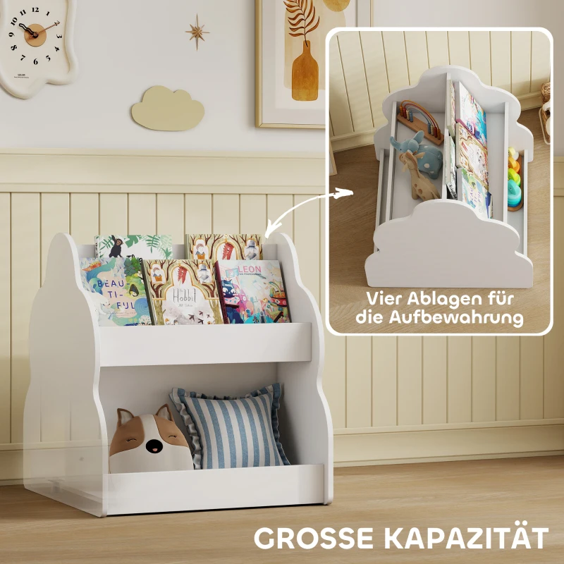 AIYAPLAY Kinderrek, 2-laags kinderboekenrek met wielen, 4 planken, voor kinderkamer, speelkamer, 54x50x56 cm, Wit