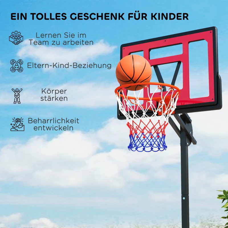 AIYAPLAY Basketballkorb, Outdoor-Basketballkorb für Jugendliche 200-260 cm höhenverstellbar, mit Rädern, Rot