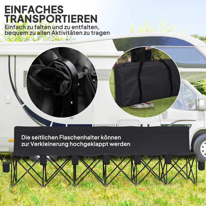 Outsunny Campingbank Faltbank Gartenbank Klappbank Bank Camping 6-Sitzer mit Tragetasche, Oxford+Metall, Schwarz/Blau, 279x48x80cm (Schwarz)