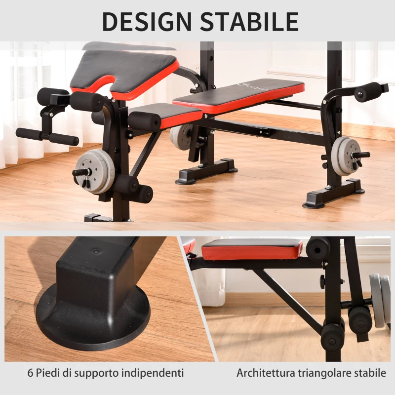HOMCOM Panca Multifunzione Regolabile con Supporto per Bilanciere, in Acciaio e Plastica, 175x139x127 cm, Rosso e Nero
