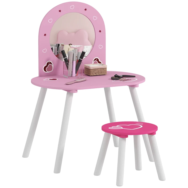 AIYAPLAY Children's Vanity with Stool and Mirror Vanity for Girls with Heart Designs for Boys and Girls 3-6 Years Pink