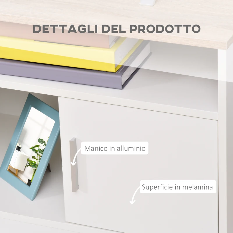 HOMCOM Mobile TV con 3 Scomparti Aperti, 2 Armadietti e Piano d'Appoggio, Mobile per TV fino a 50", in Truciolato, 105x40x52cm, Bianco e Legno