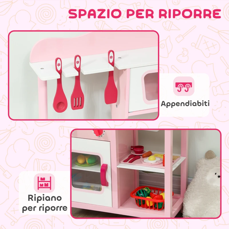 AIYAPLAY Cucina Giocattolo per Bambini 3+ Anni con Microonde, Piano Cottura e Lavandino, in Legno, 55x24x86 cm, Rosa