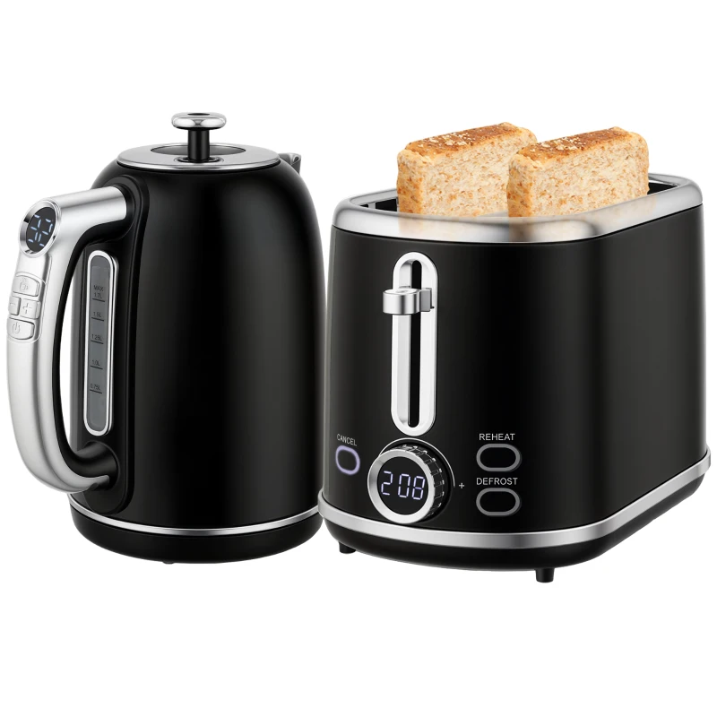 HOMCOM Ensemble bouilloire et grille-pain, bouilloire en acier inoxydable 1,7 L et 2200 W et grille-pain à 2 tranches, noir