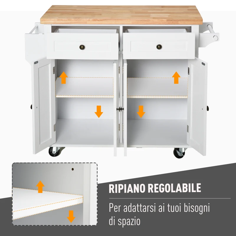 HOMCOM Carrello da Cucina con 2 Cassetti e 2 Armadietti, Isola da Cucina con Piano in Legno, Portaspezie e Porta Canovacci, Bianco