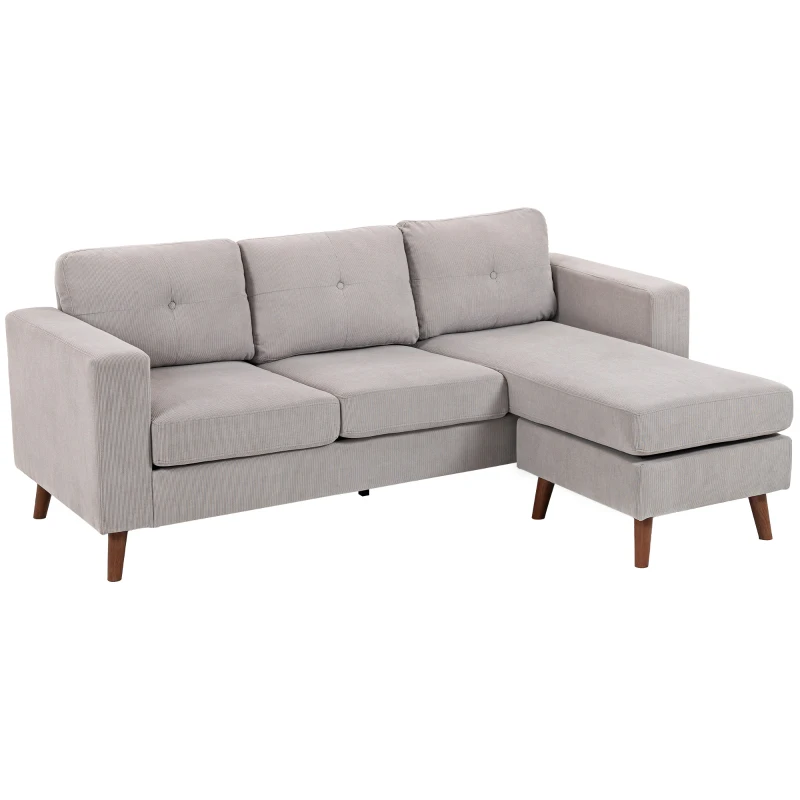 HOMCOM Divano ad angolo reversibile in velluto a coste, 3 posti con penisola, telaio in acciaio, 192x137x84cm, Grigio chiaro