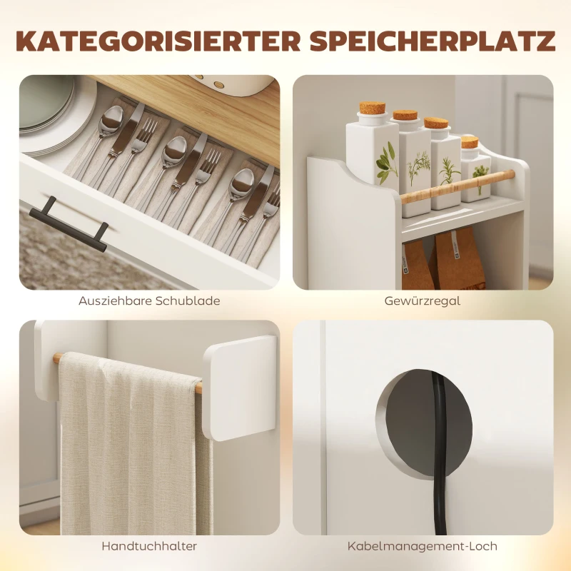 HOMCOM Keukeniland, keukentrolley op wielen, met inklapbaar werkblad, lade, plank, 120 x 68 x 85 cm, Wit(m-6)