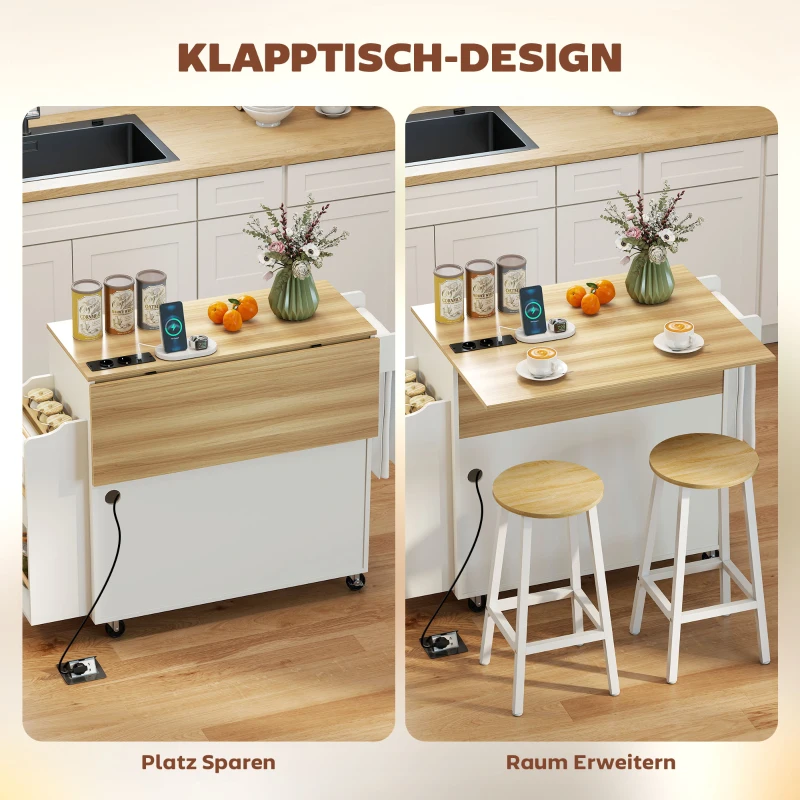 HOMCOM Keukeniland, keukentrolley op wielen, met inklapbaar werkblad, lade, plank, 120 x 68 x 85 cm, Wit(m-4)