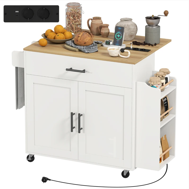 HOMCOM Keukeniland, keukentrolley op wielen, met inklapbaar werkblad, lade, plank, 120 x 68 x 85 cm, Wit(m-10)