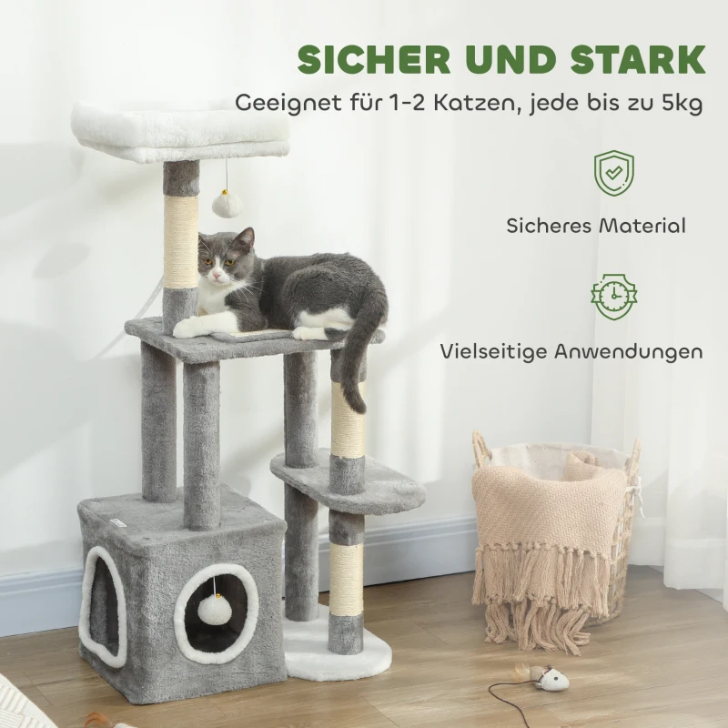 PawHut Krabpaal 107 cm kattentoren met hol, 2 pluche ballen, sisalstammen, groot platform, 55x40x107 cm, Grijs