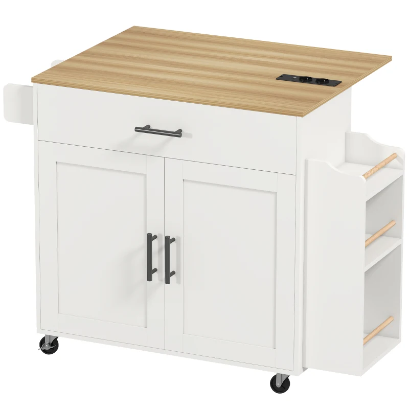 HOMCOM Kücheninsel, Küchenwagen auf Rollen, mit abklappbarer Arbeitsplatte, Schublade, Ablage, 120 x 68 x 85 cm, Weiß