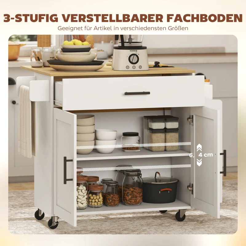HOMCOM Keukeniland, keukentrolley op wielen, met inklapbaar werkblad, lade, plank, 120 x 68 x 85 cm, Wit(m-8)