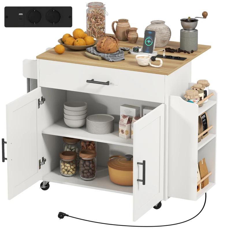 HOMCOM Keukeniland, keukentrolley op wielen, met inklapbaar werkblad, lade, plank, 120 x 68 x 85 cm, Wit(m-11)