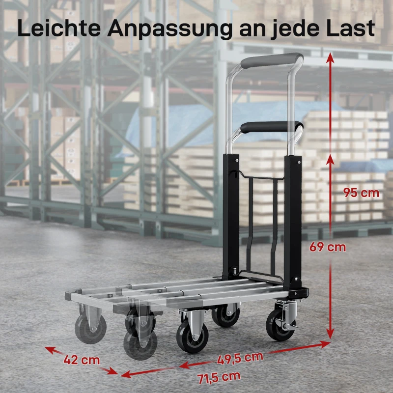 HOMCOM Opvouwbare handwagen, 150 kg draagvermogen, uitbreidbaar platform, in hoogte verstelbare handgreep, voor kratten, metaal, zwart
