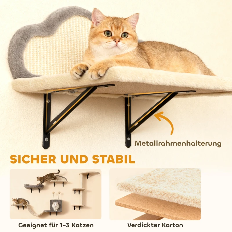 PawHut Wandgemonteerd krabpaal-set, sisal krabvlakken, 4 delen, voor 1-3 katten, Beige