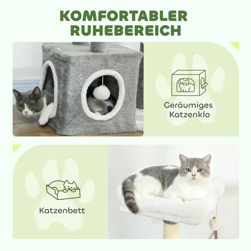 PawHut Krabpaal 107 cm kattentoren met hol, 2 pluche ballen, sisalstammen, groot platform, 55x40x107 cm, Grijs