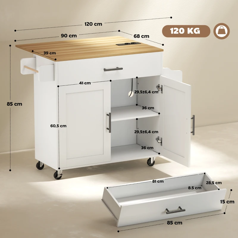 HOMCOM Keukeniland, keukentrolley op wielen, met inklapbaar werkblad, lade, plank, 120 x 68 x 85 cm, Wit(m-3)