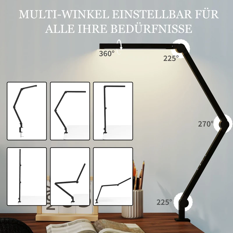 HOMCOM Lampa biurkowa, regulowana jasność i kolor, metalowy klips, 96 diod LED, czarna