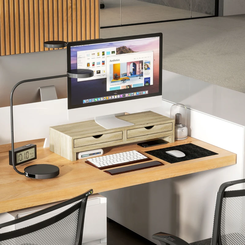 HOMCOM Suporte para Monitor com Ângulo e Comprimento Ajustável e 2 Gavetas para Escritório 60-116x22x12 cm Madeira