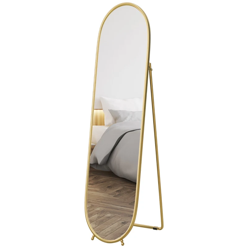 HOMCOM Espelho de Pé Oval 160x40 cm Espelho de Corpo Inteiro com Moldura Metálica Suporte e 2 Formas de Utilização Dourado