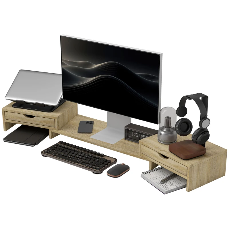 HOMCOM Suporte para Monitor com Ângulo e Comprimento Ajustável e 2 Gavetas para Escritório 60-116x22x12 cm Madeira