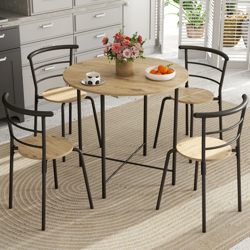 HOMCOM Set Tavolo da Pranzo Rotondo con 4 Sedie Salvaspazio in Legno e Metallo Stile Industriale