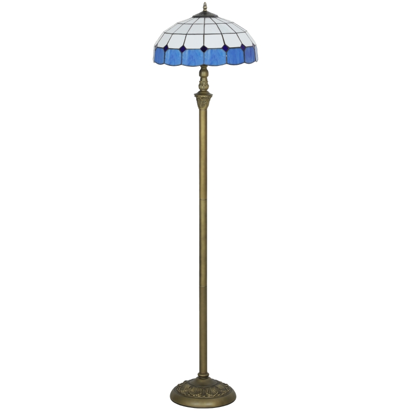 HOMCOM Tiffany-Style Floor Lamp with Handcrafted Stained Glass Shade, 152cm Tall Vintage Standing Lamp with Foot Switch and Dual Sockets for Living Room Bedroom, Bronze Tone and Blue