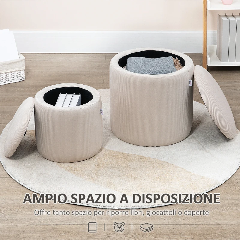 HOMCOM Set di 2 Pouf Contenitore Salvaspazio Rotondi e Imbottiti in Velluto a Coste, Bianco