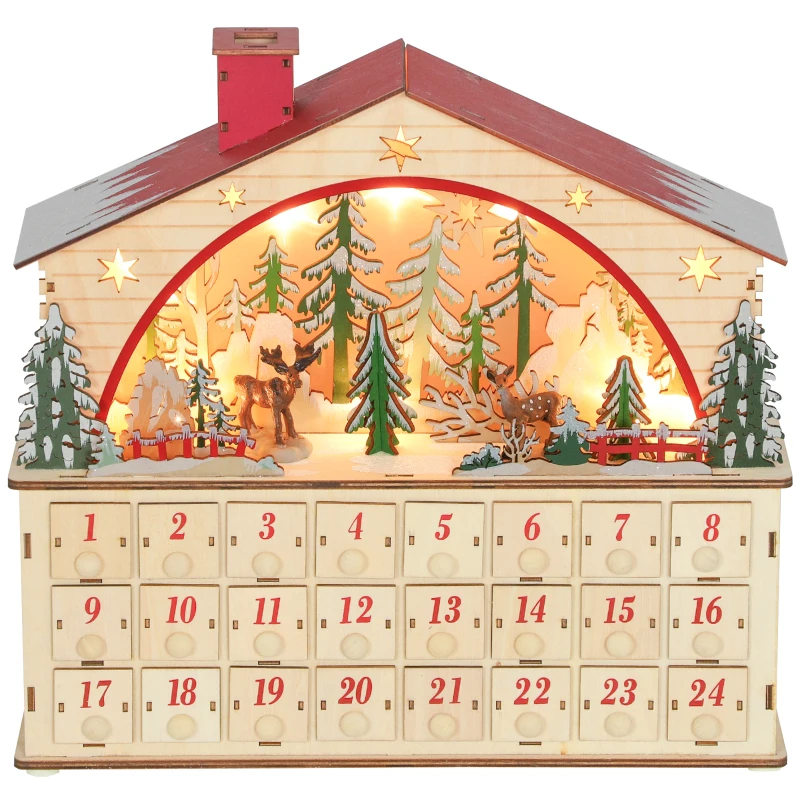 HOMCOM Calendrier de l'Avent lumineux, calendrier de l'Avent à remplir, 24 tiroirs, scène de village, 36x10x34cm, bois naturel