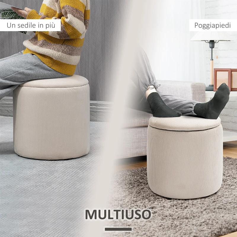 HOMCOM Set di 2 Pouf Contenitore Salvaspazio Rotondi e Imbottiti in Velluto a Coste, Bianco