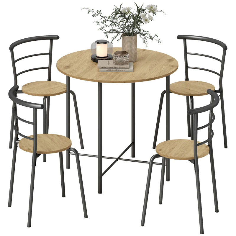HOMCOM Set Tavolo da Pranzo Rotondo con 4 Sedie Salvaspazio in Legno e Metallo Stile Industriale